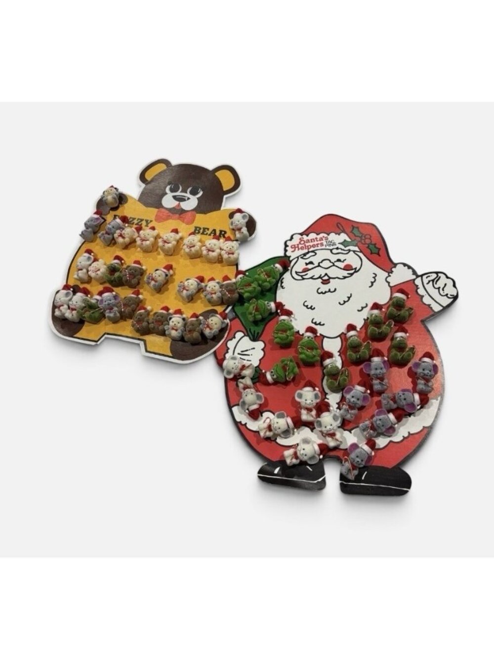 Vintage 80s Fuzzy Alligators Bear Flocked Pins Sets on Store Display Christmas